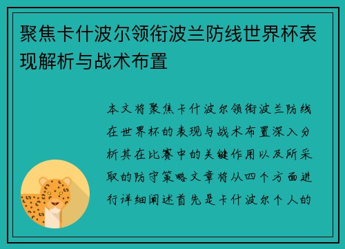 聚焦卡什波尔领衔波兰防线世界杯表现解析与战术布置