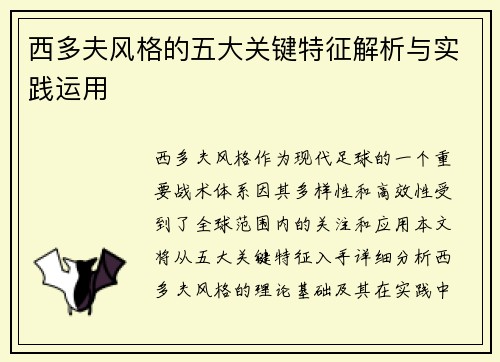 西多夫风格的五大关键特征解析与实践运用
